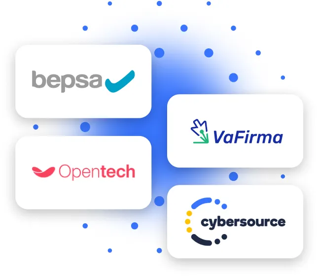 logos de los aliados de mas-fazzil; bepsa, Opentech, Vafirma y Cybersource
